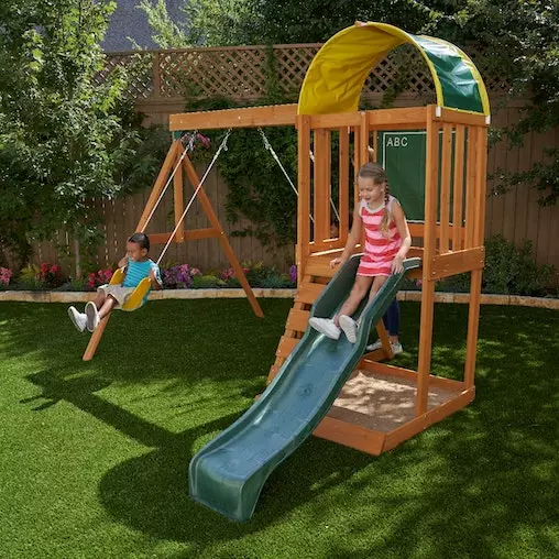 KidKraft Ainsley Wooden Outdoor Playset With Slide, Fort & Swings 2 KidKraft Ainsley Wooden Outdoor Playset With Slide, Fort & Swings - Image 2