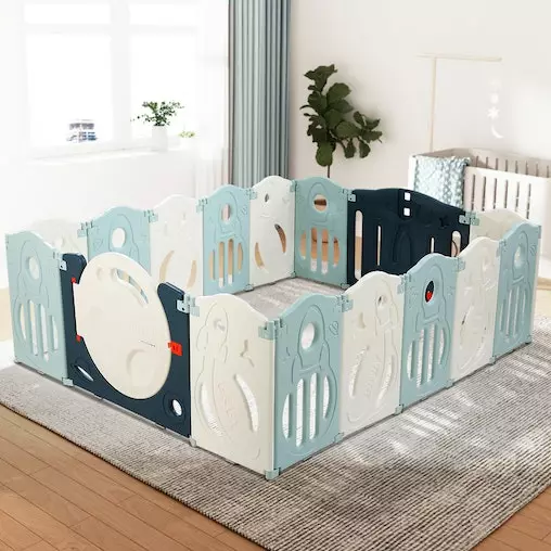 Keezi Baby Playpen 16 Panels Foldable Safety Gate Blue 5 Keezi Baby Playpen 16 Panels Foldable Safety Gate Blue - Image 5