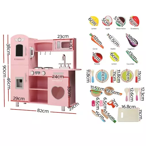 Keezi Kids Wooden Kitchen Play Set With Cooking Food Sets Pink 2 Keezi Kids Wooden Kitchen Play Set With Cooking Food Sets Pink - Image 2