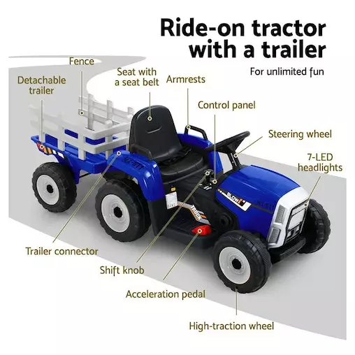 Rigo Ride On Car Tractor Trailer Toy Kids Electric Cars 12V Battery Blue 4 Rigo Ride On Car Tractor Trailer Toy Kids Electric Cars 12V Battery Blue - Image 4