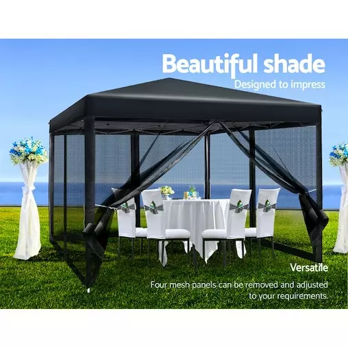 Instahut Gazebo Pop Up Marquee 3x3 Mesh Outdoor Gazebos Black 4 Instahut Gazebo Pop Up Marquee 3x3 Mesh Outdoor Gazebos Black - Image 4