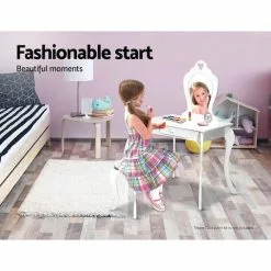 Keezi Kids Vanity Dressing Table Stool Set Mirror Drawer Children Makeup White -Outdoor Living Sales Store SX7ND5nzf3FPNa8q4Yj3vYOGg