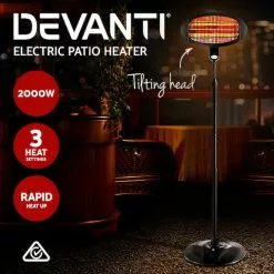 Devanti Electric Patio Heater Outdoor Strip Heater Panel Portable Radiant Halogen Heatstrip Heat Bar Pedestal Stand Indoor Outdoor Heating Black 2000W -Outdoor Living Sales Store XRRsRQkNcDEHhD bDApBCwII