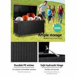 320L Garden Shed Outdoor Storage Box Bench Toy Tool Box Ottoman Wicker Black Gardeon -Outdoor Living Sales Store fRV zq3Q6s7eRxPKFRlspeU