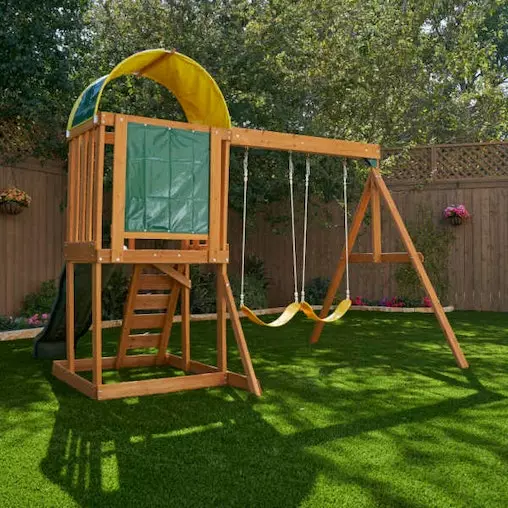 KidKraft Ainsley Wooden Outdoor Playset With Slide, Fort & Swings 4 KidKraft Ainsley Wooden Outdoor Playset With Slide, Fort & Swings - Image 4