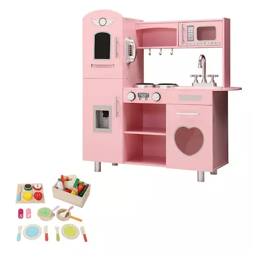 Keezi Kids Wooden Kitchen Play Set With Cooking Food Sets Pink 1 Keezi Kids Wooden Kitchen Play Set With Cooking Food Sets Pink