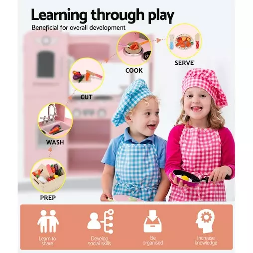 Keezi Kids Wooden Kitchen Play Set With Cooking Food Sets Pink 4 Keezi Kids Wooden Kitchen Play Set With Cooking Food Sets Pink - Image 4