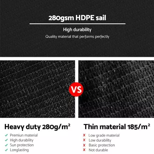 Instahut Sun Shade Sail Cloth Shadecloth Outdoor Canopy Rectangle 280gsm 5x7m Black 5 Instahut Sun Shade Sail Cloth Shadecloth Outdoor Canopy Rectangle 280gsm 5x7m Black - Image 5