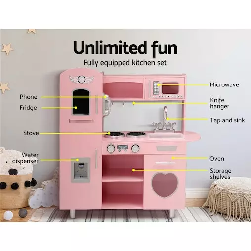 Keezi Kids Wooden Kitchen Play Set With Cooking Food Sets Pink 3 Keezi Kids Wooden Kitchen Play Set With Cooking Food Sets Pink - Image 3